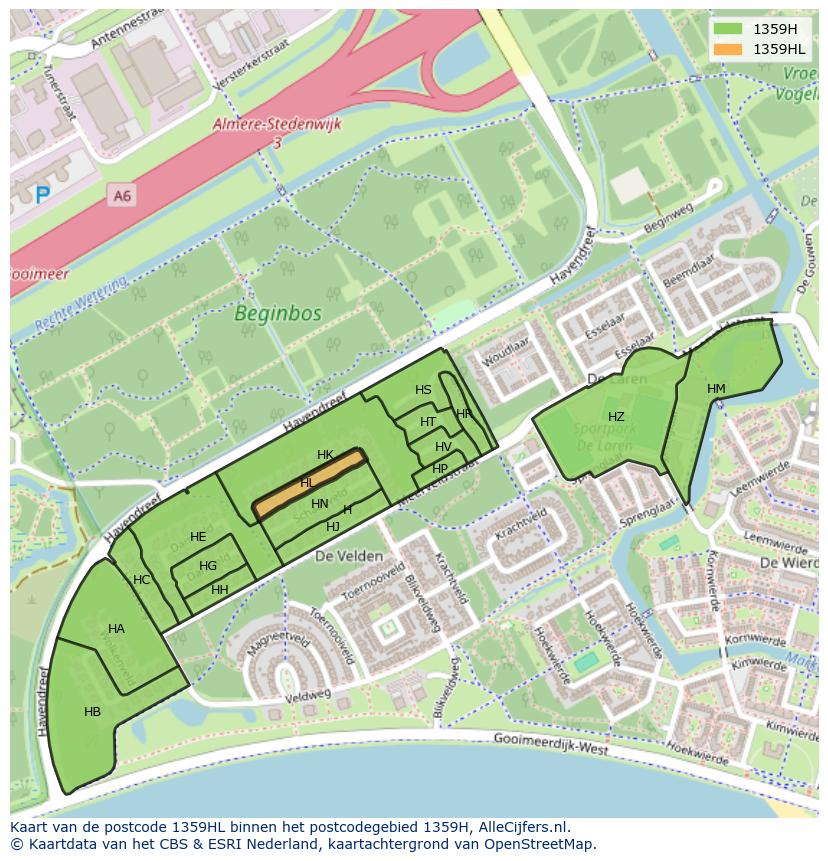 Afbeelding van het postcodegebied 1359 HL op de kaart.