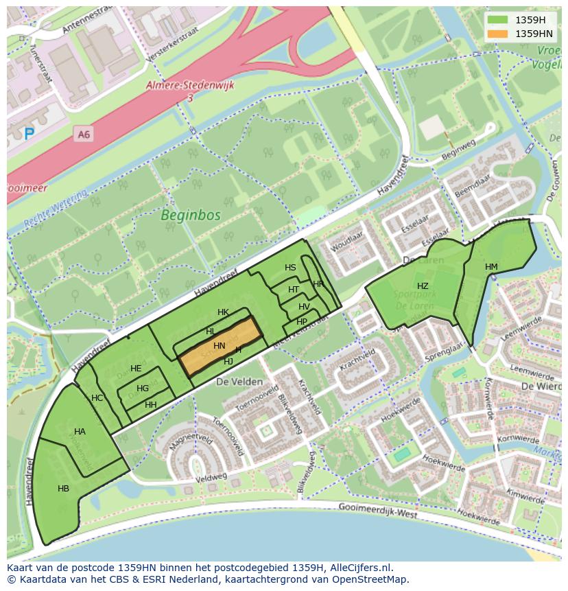 Afbeelding van het postcodegebied 1359 HN op de kaart.