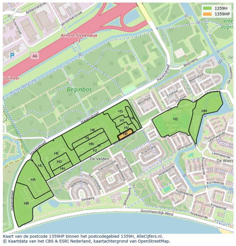Afbeelding van het postcodegebied 1359 HP op de kaart.