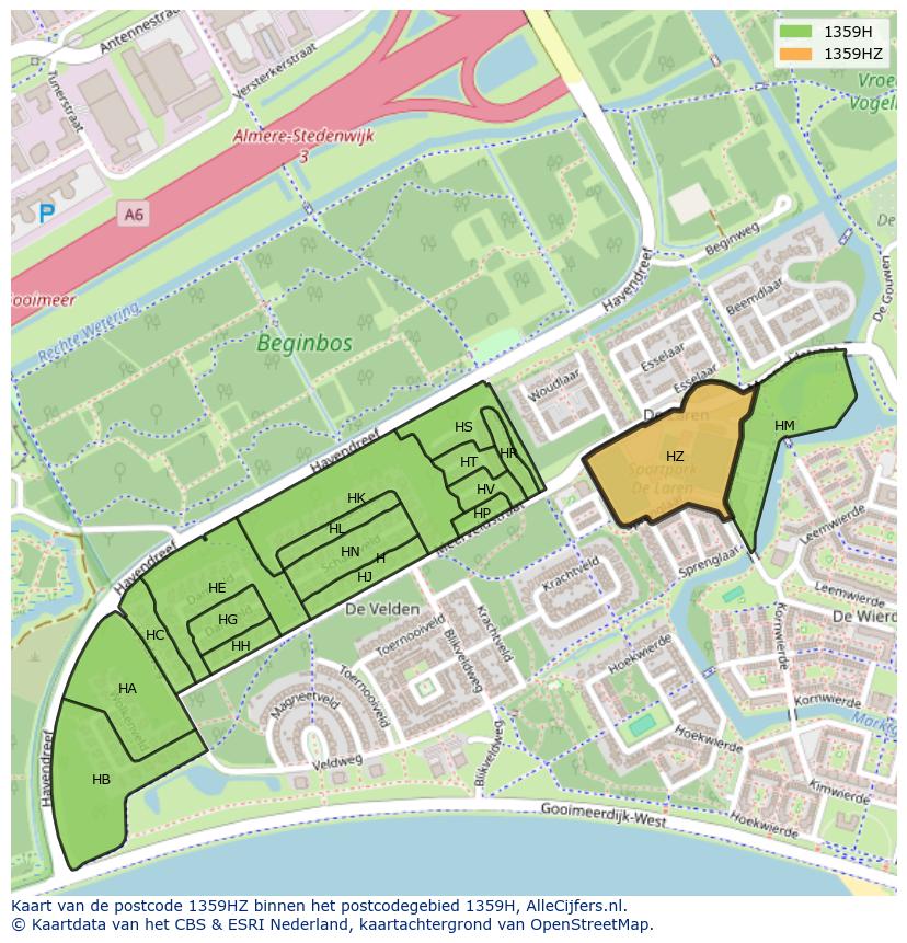 Afbeelding van het postcodegebied 1359 HZ op de kaart.