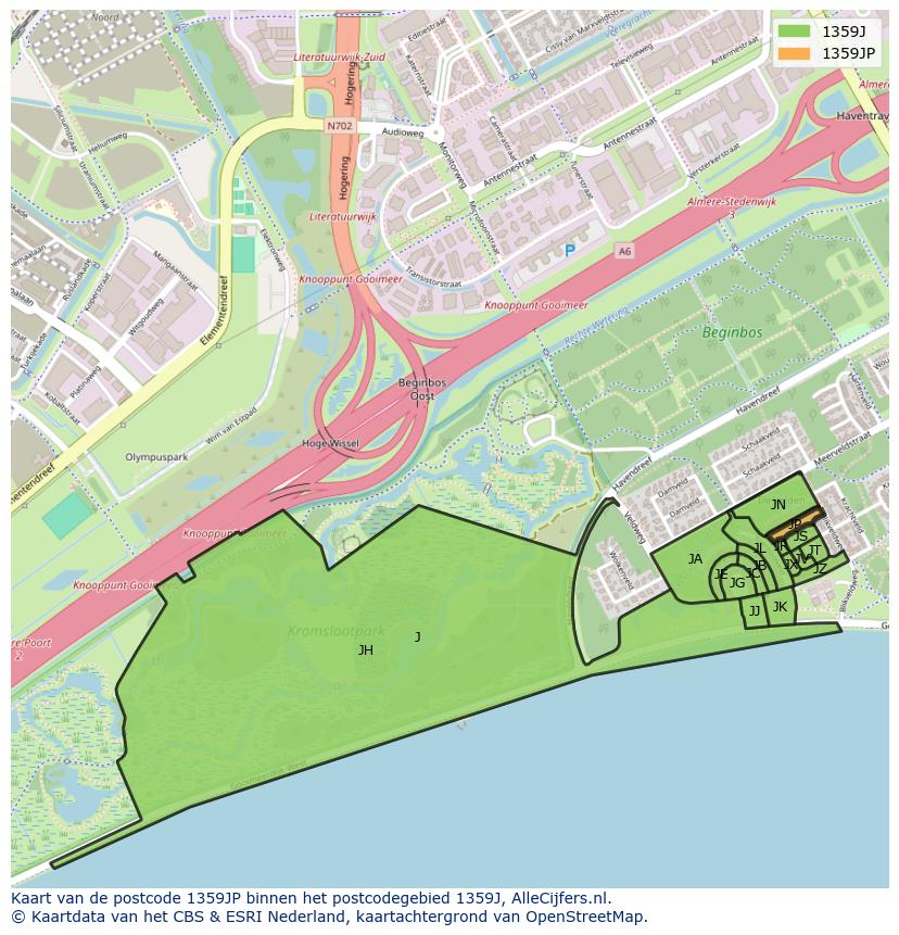 Afbeelding van het postcodegebied 1359 JP op de kaart.