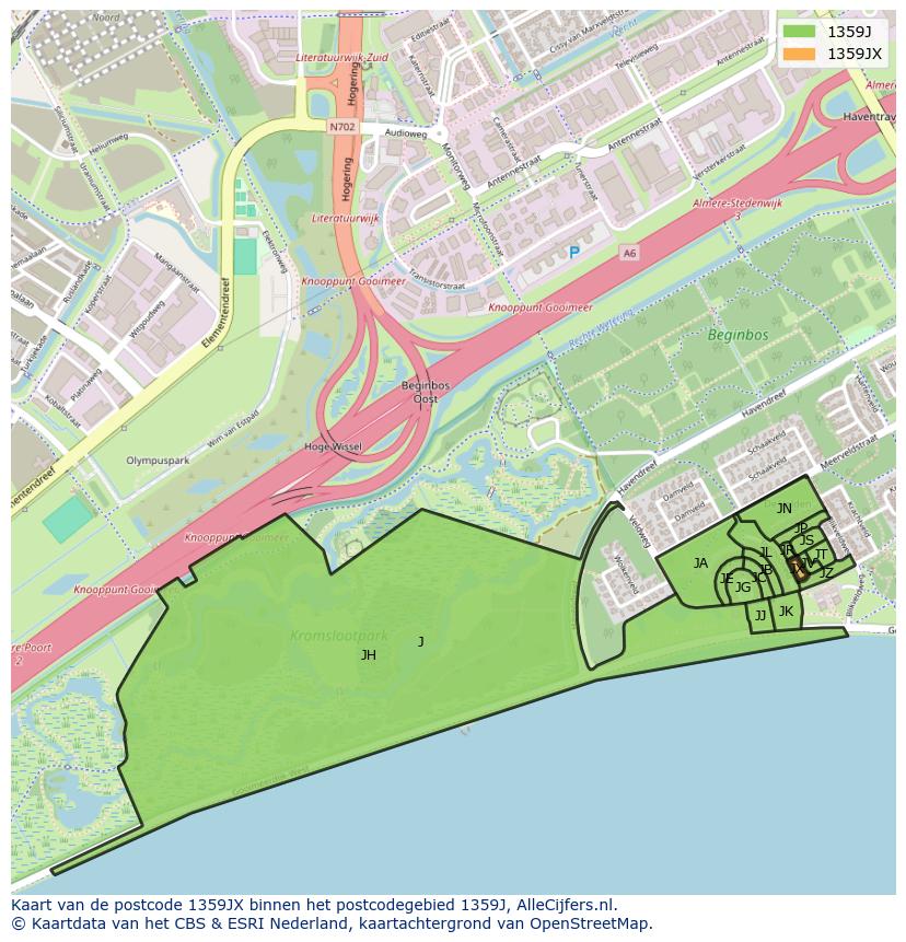 Afbeelding van het postcodegebied 1359 JX op de kaart.