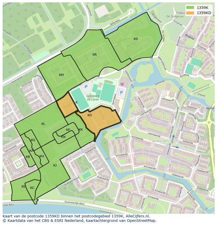Afbeelding van het postcodegebied 1359 KD op de kaart.
