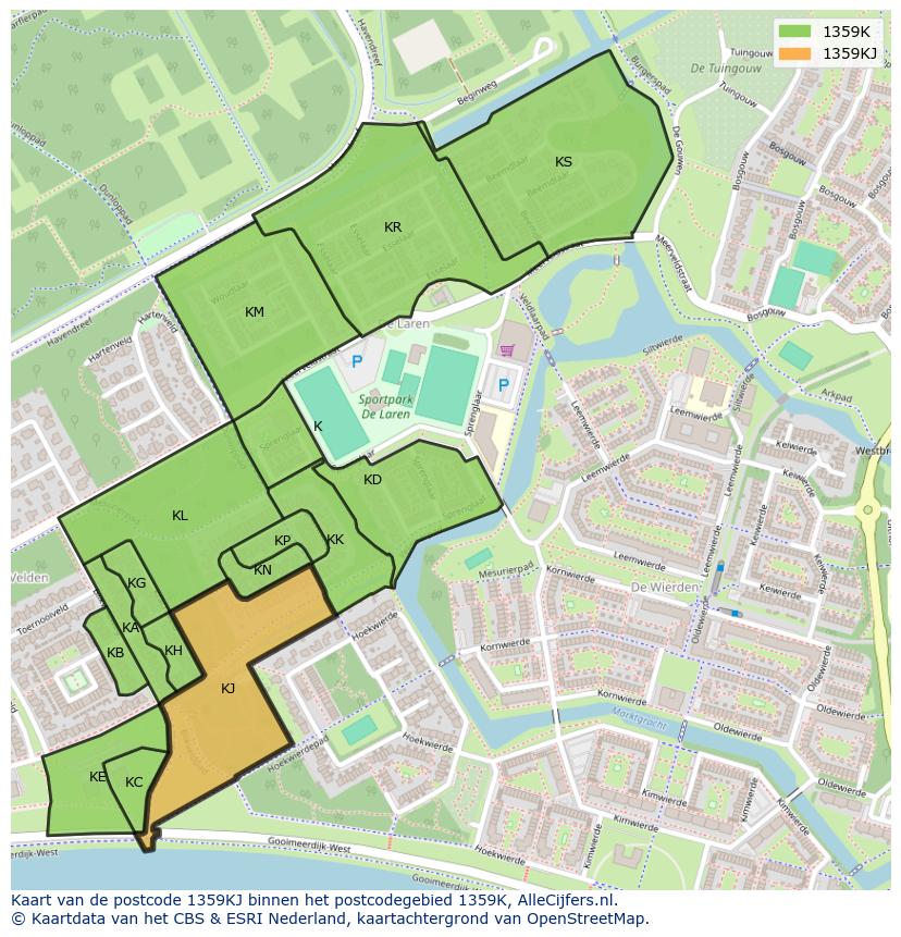 Afbeelding van het postcodegebied 1359 KJ op de kaart.
