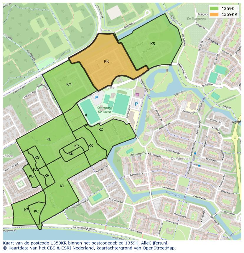 Afbeelding van het postcodegebied 1359 KR op de kaart.