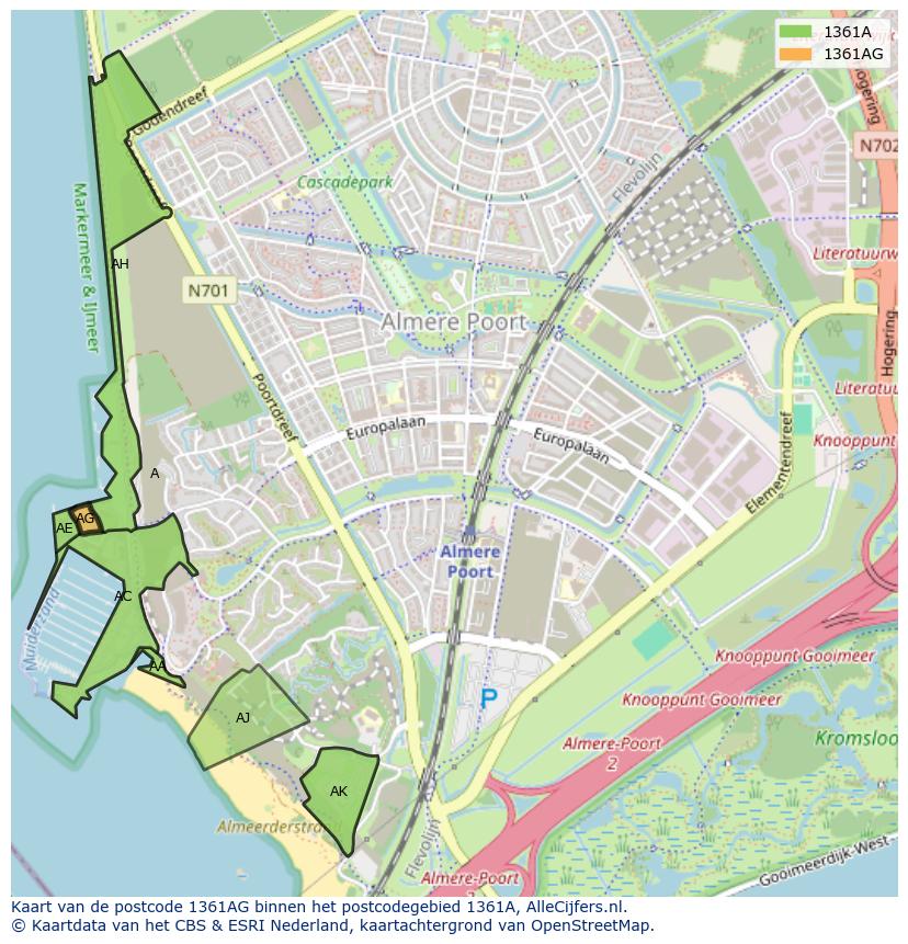 Afbeelding van het postcodegebied 1361 AG op de kaart.