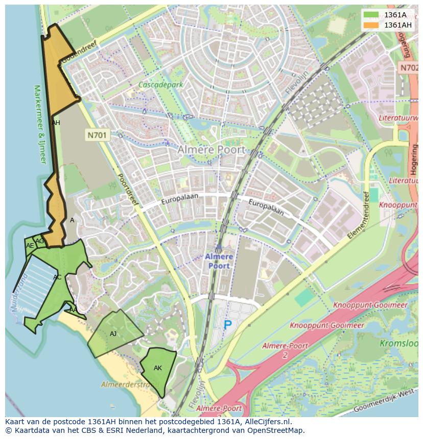 Afbeelding van het postcodegebied 1361 AH op de kaart.
