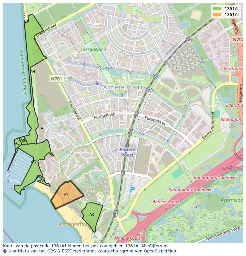 Afbeelding van het postcodegebied 1361 AJ op de kaart.