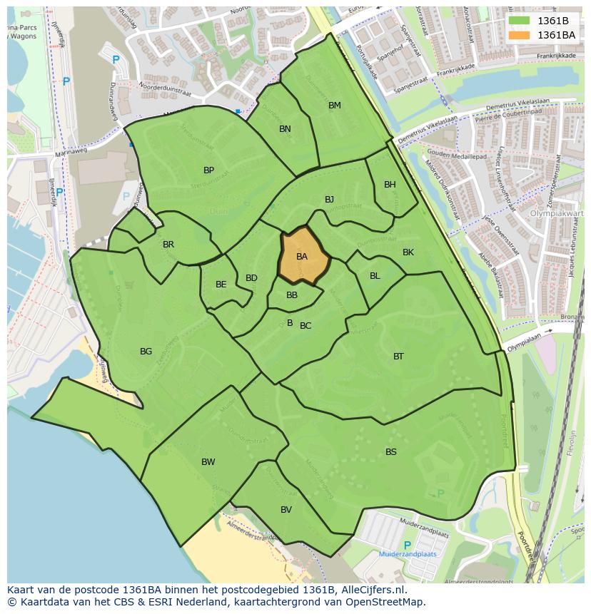 Afbeelding van het postcodegebied 1361 BA op de kaart.