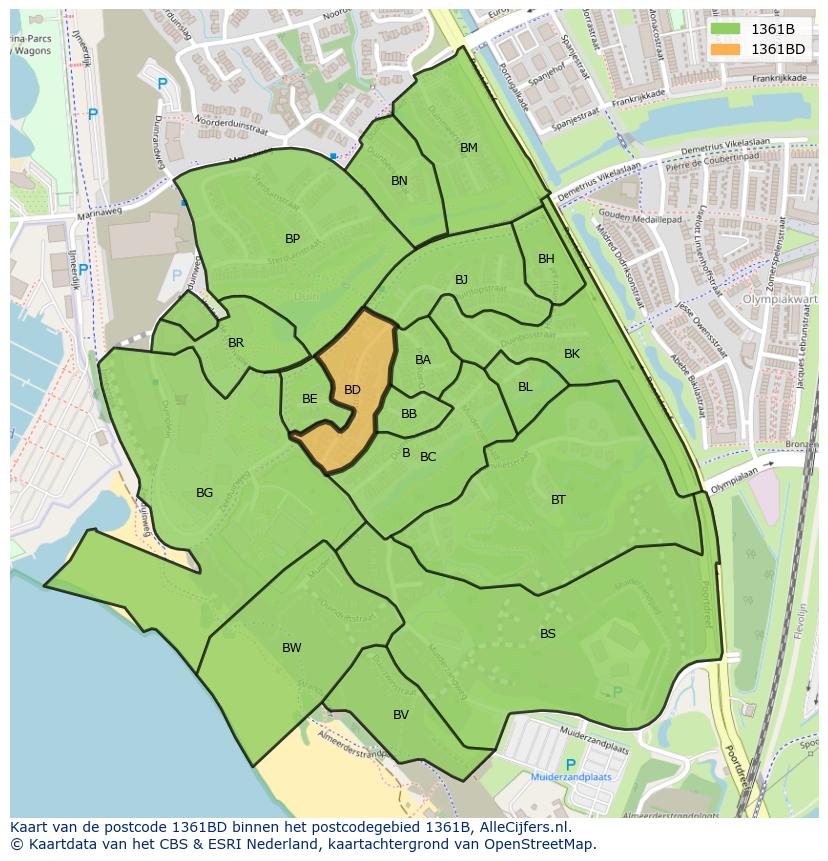 Afbeelding van het postcodegebied 1361 BD op de kaart.