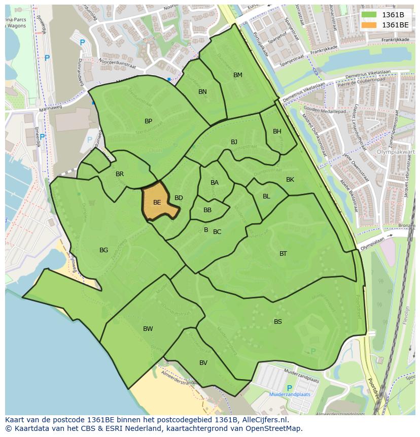 Afbeelding van het postcodegebied 1361 BE op de kaart.