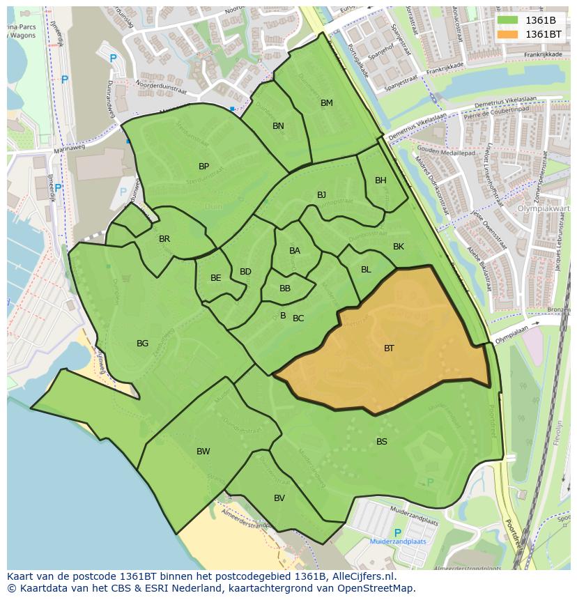 Afbeelding van het postcodegebied 1361 BT op de kaart.