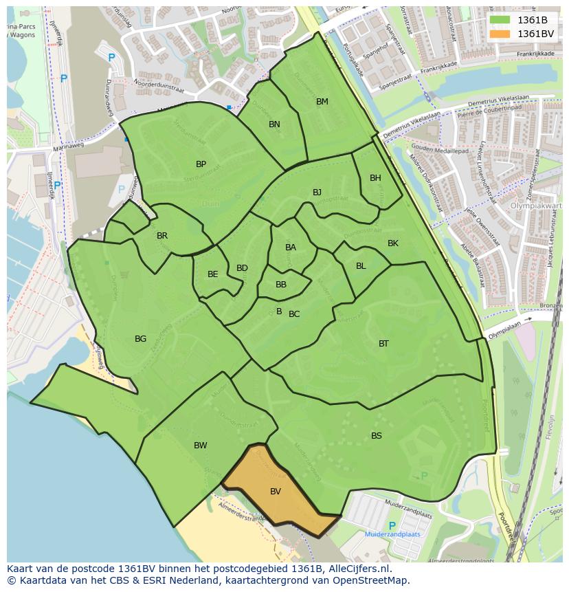 Afbeelding van het postcodegebied 1361 BV op de kaart.
