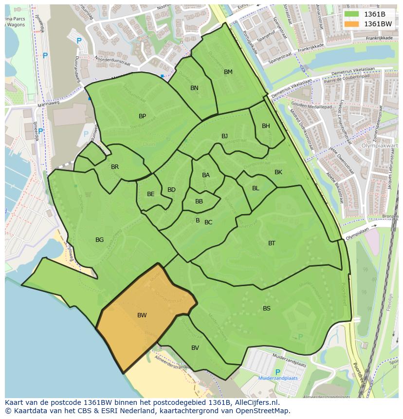 Afbeelding van het postcodegebied 1361 BW op de kaart.