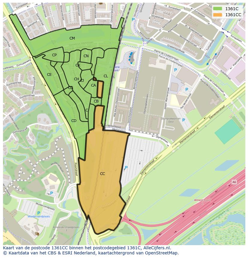 Afbeelding van het postcodegebied 1361 CC op de kaart.