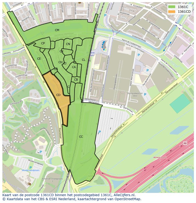 Afbeelding van het postcodegebied 1361 CD op de kaart.