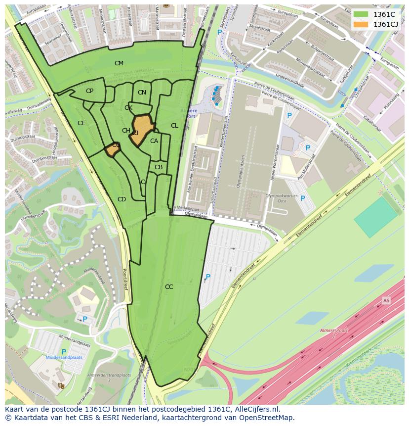 Afbeelding van het postcodegebied 1361 CJ op de kaart.