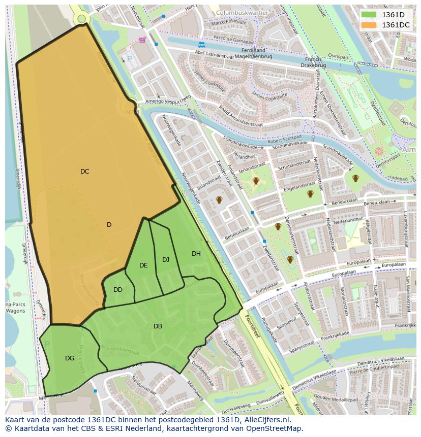 Afbeelding van het postcodegebied 1361 DC op de kaart.