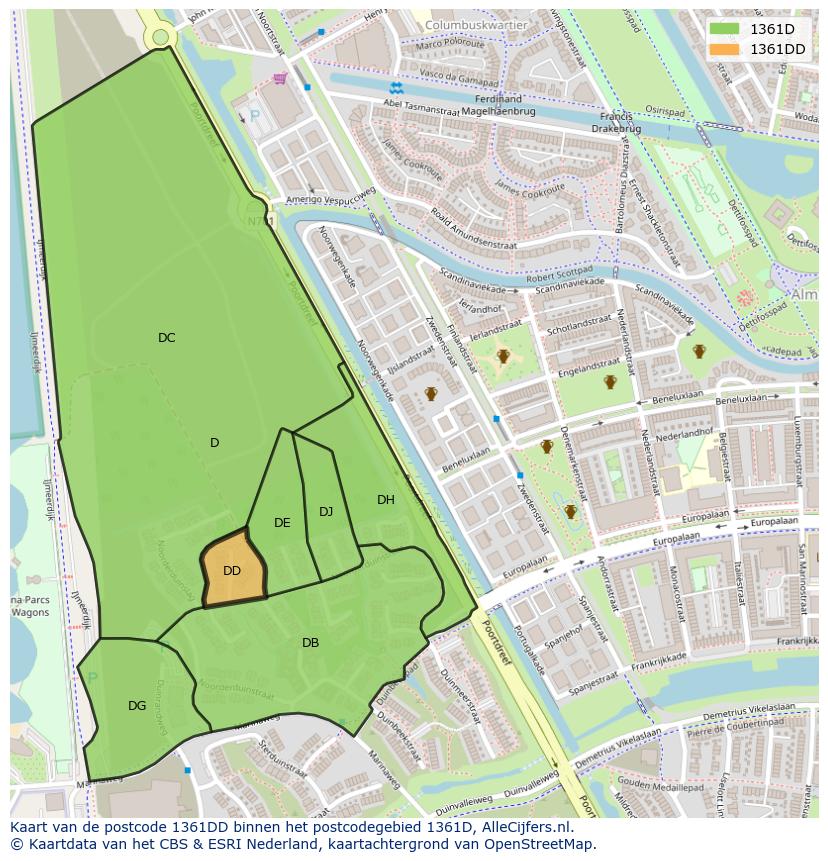 Afbeelding van het postcodegebied 1361 DD op de kaart.