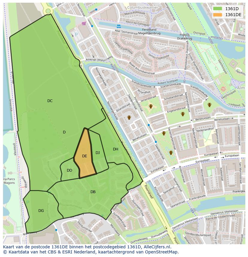 Afbeelding van het postcodegebied 1361 DE op de kaart.