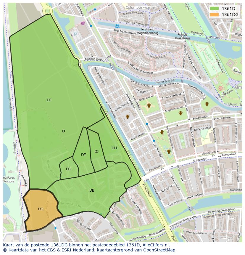Afbeelding van het postcodegebied 1361 DG op de kaart.