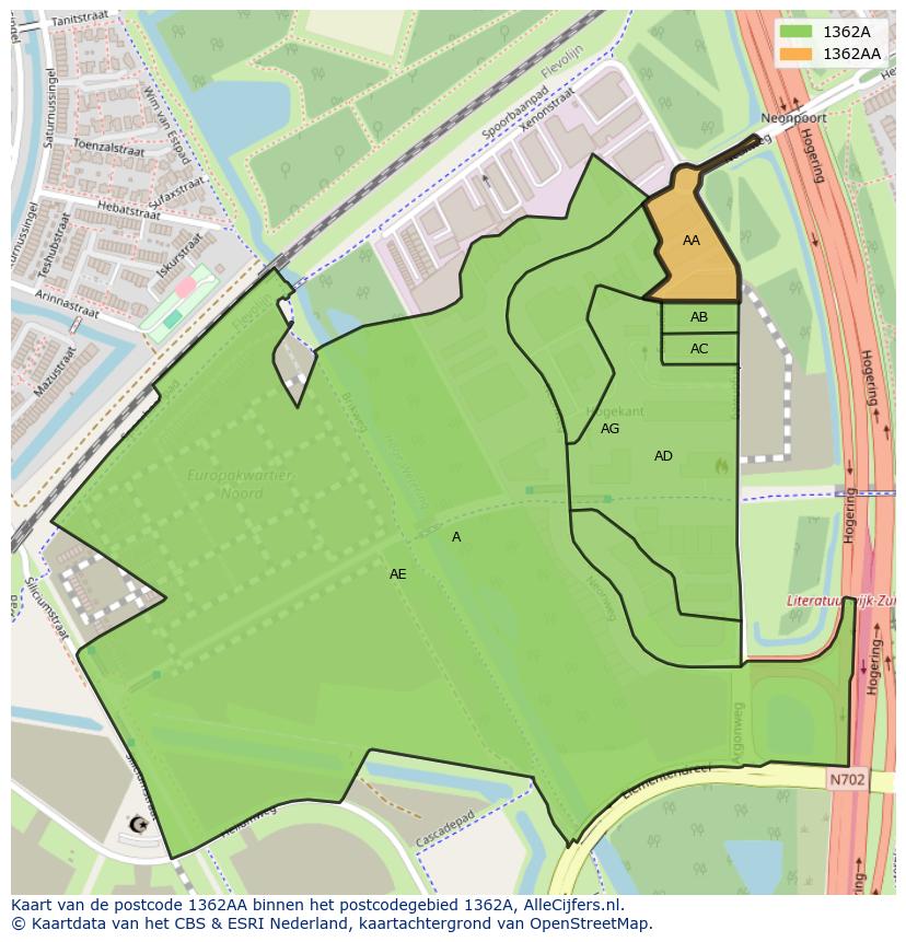Afbeelding van het postcodegebied 1362 AA op de kaart.
