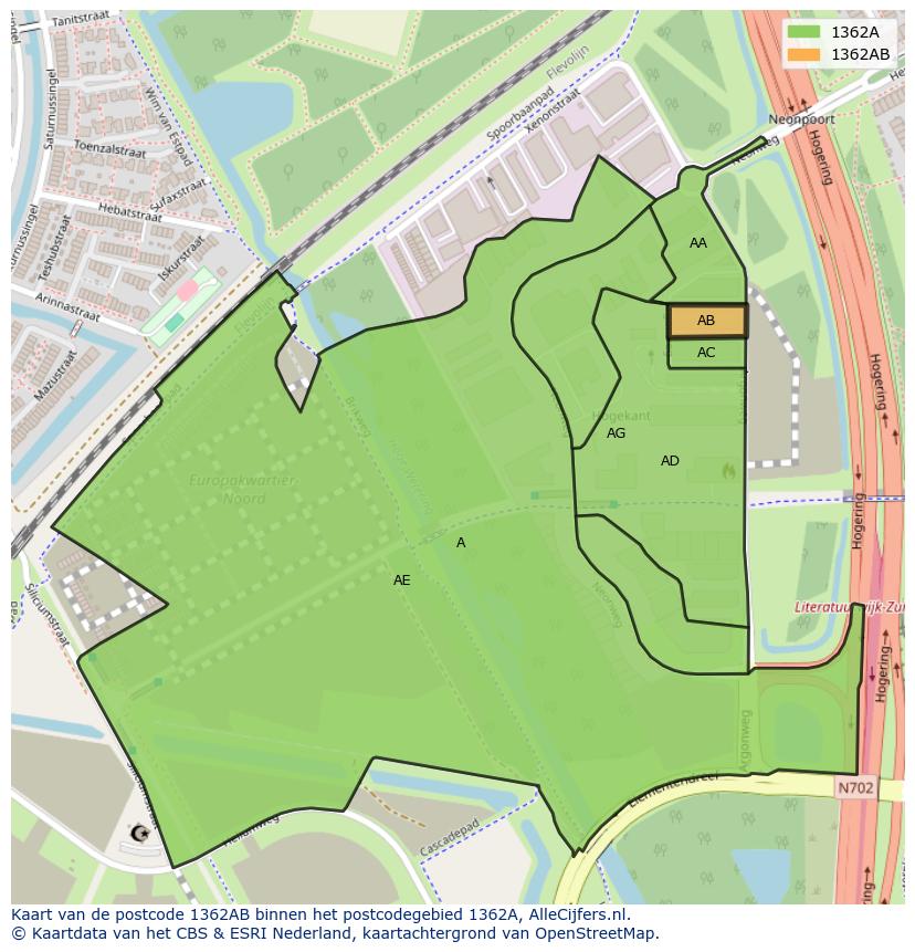 Afbeelding van het postcodegebied 1362 AB op de kaart.