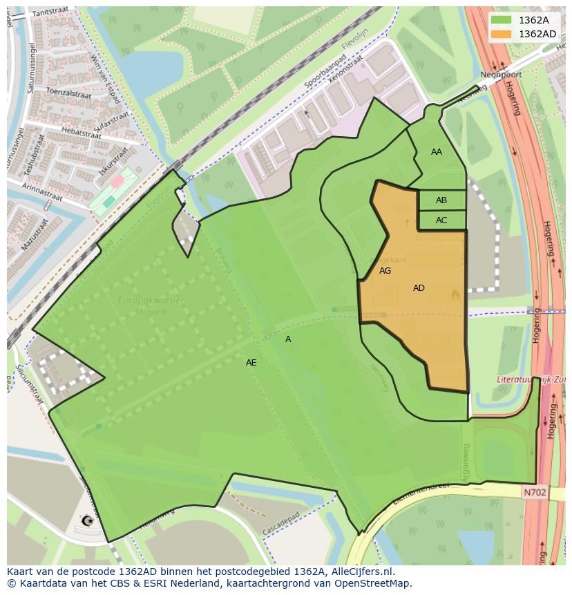 Afbeelding van het postcodegebied 1362 AD op de kaart.