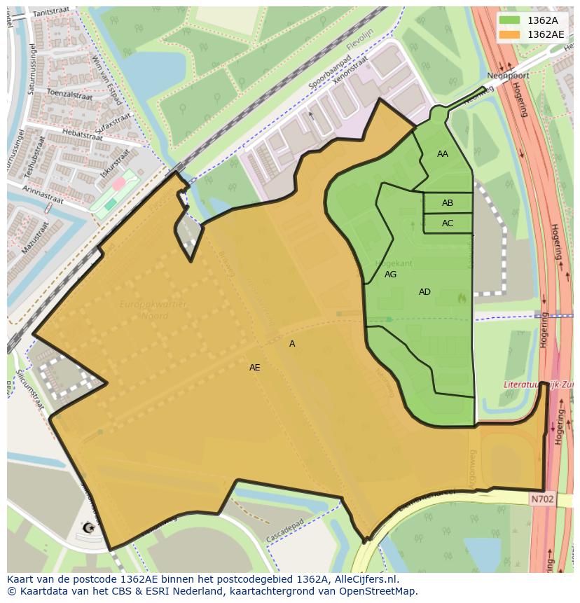 Afbeelding van het postcodegebied 1362 AE op de kaart.