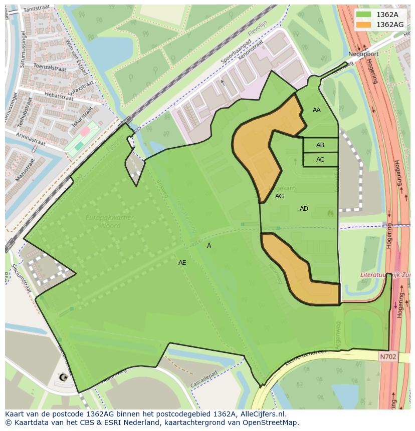 Afbeelding van het postcodegebied 1362 AG op de kaart.