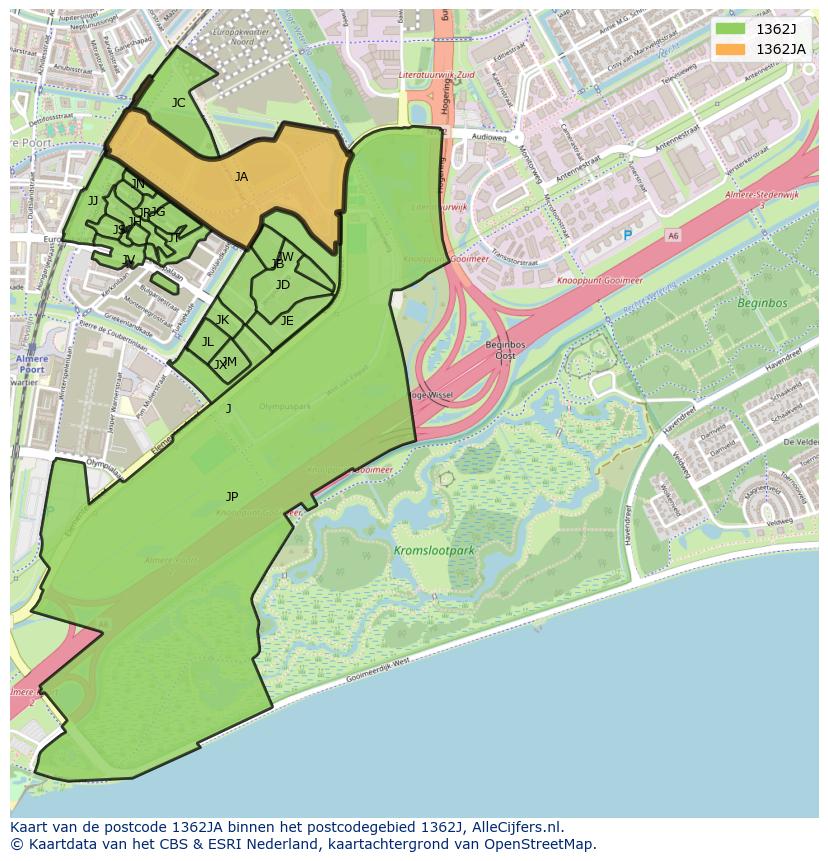 Afbeelding van het postcodegebied 1362 JA op de kaart.