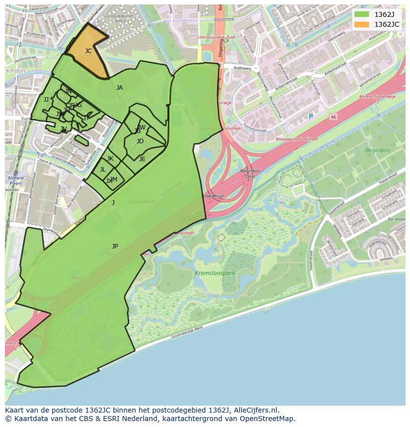 Afbeelding van het postcodegebied 1362 JC op de kaart.