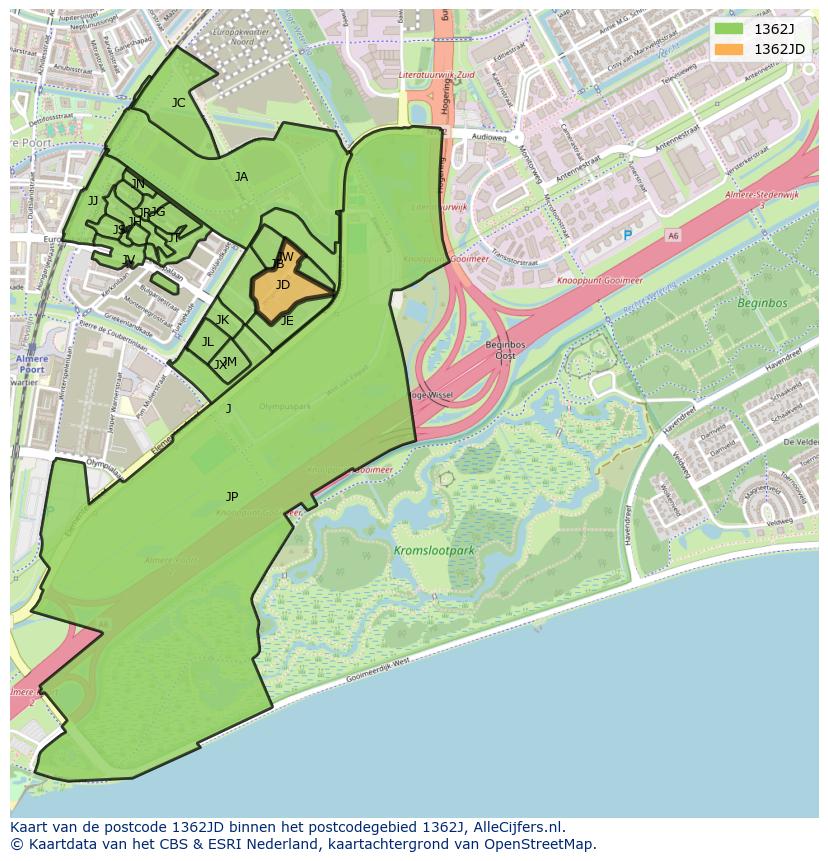 Afbeelding van het postcodegebied 1362 JD op de kaart.