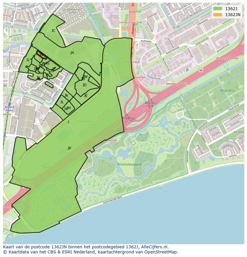 Afbeelding van het postcodegebied 1362 JN op de kaart.