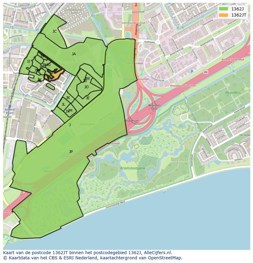 Afbeelding van het postcodegebied 1362 JT op de kaart.