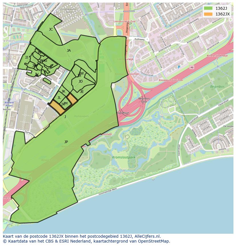 Afbeelding van het postcodegebied 1362 JX op de kaart.