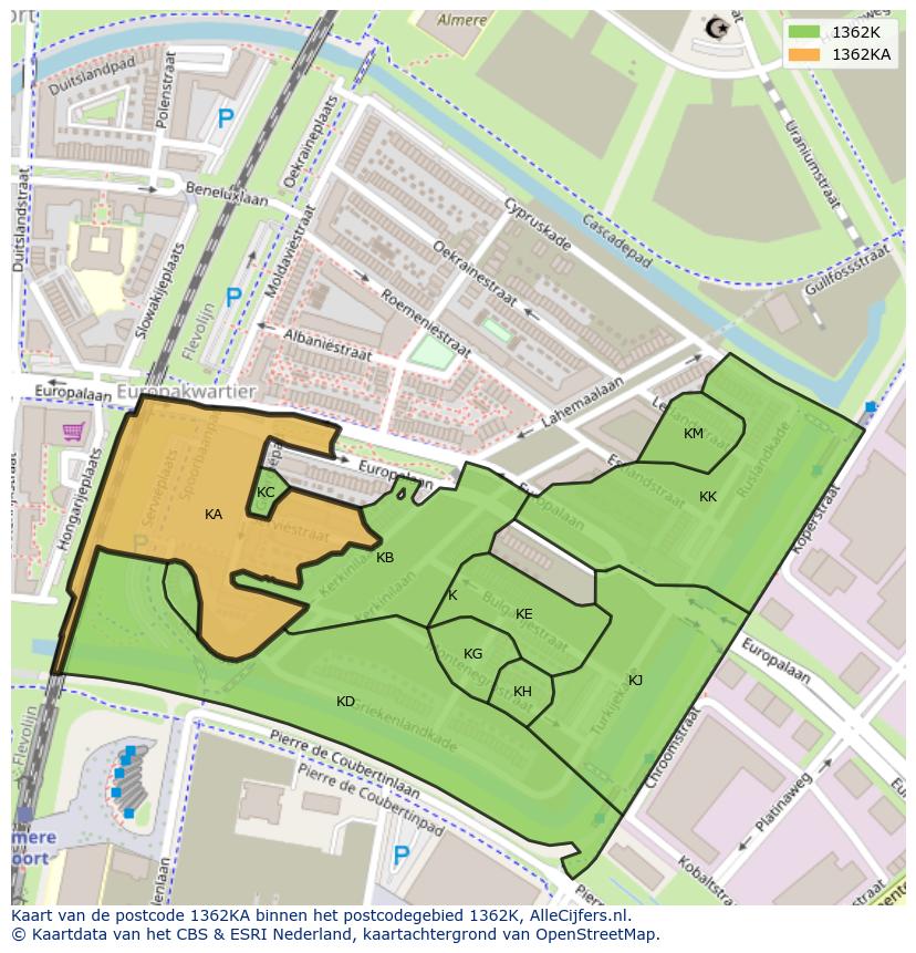 Afbeelding van het postcodegebied 1362 KA op de kaart.