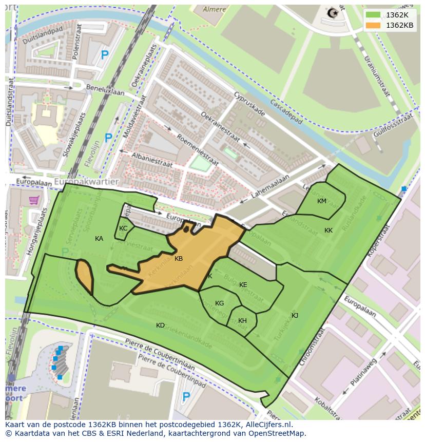 Afbeelding van het postcodegebied 1362 KB op de kaart.