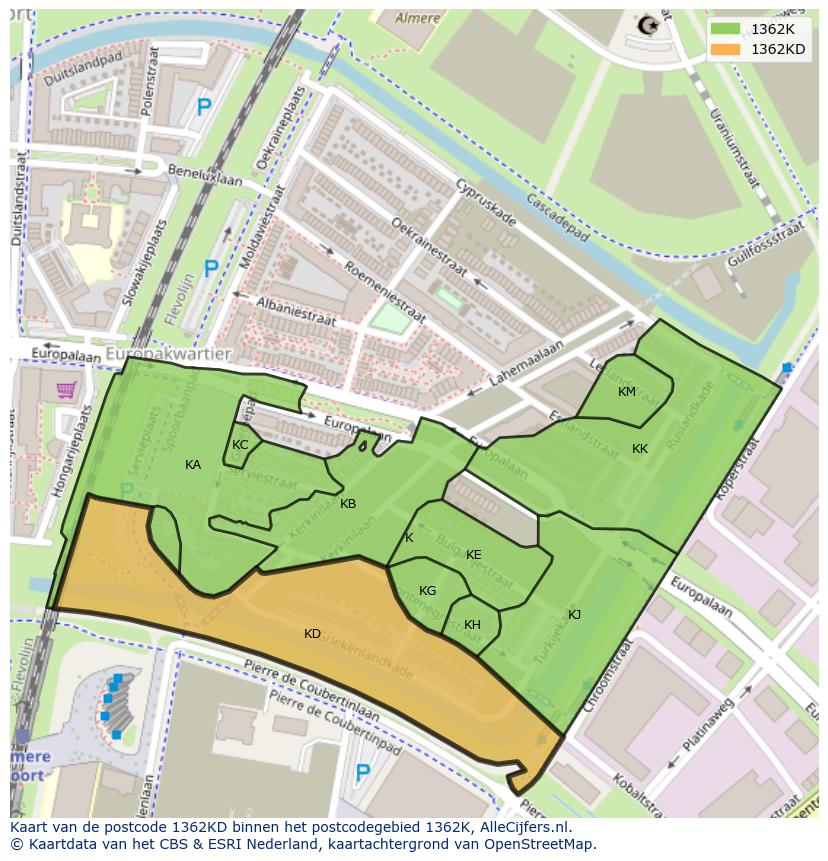 Afbeelding van het postcodegebied 1362 KD op de kaart.