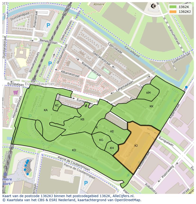Afbeelding van het postcodegebied 1362 KJ op de kaart.