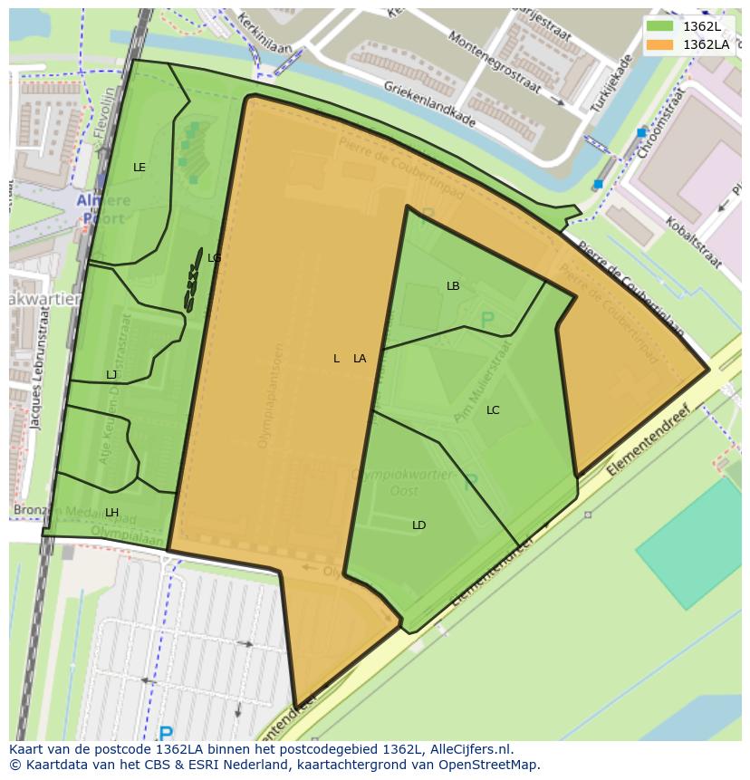 Afbeelding van het postcodegebied 1362 LA op de kaart.