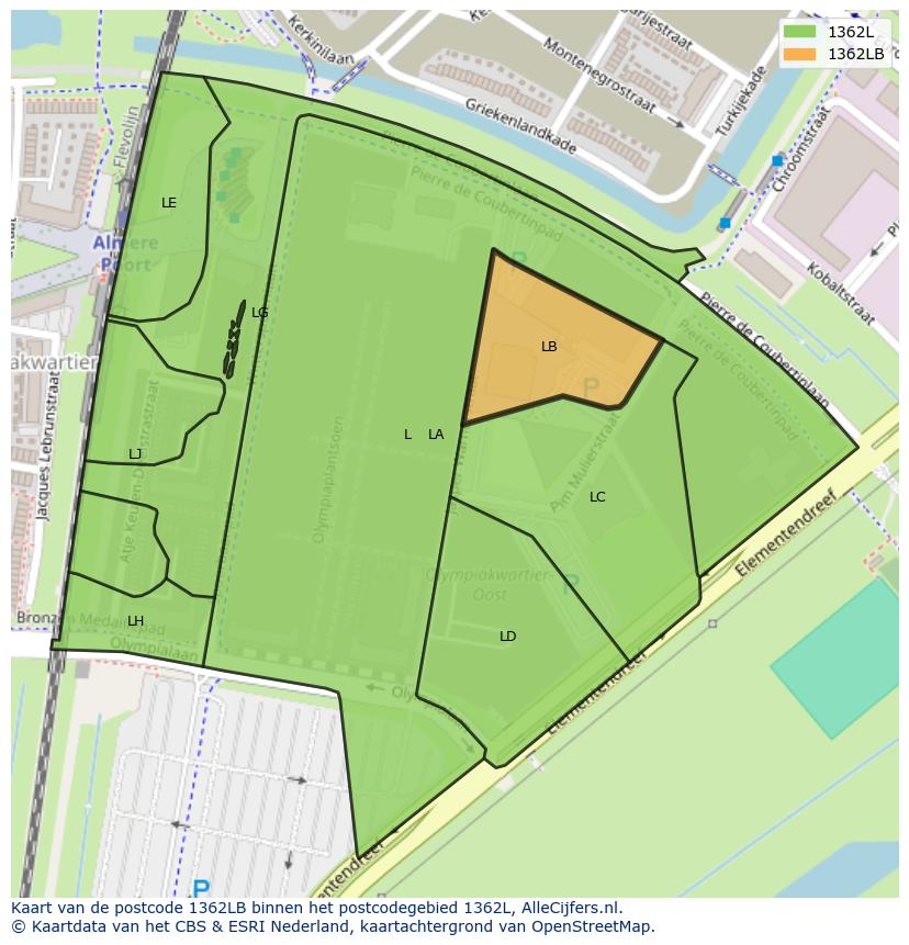 Afbeelding van het postcodegebied 1362 LB op de kaart.