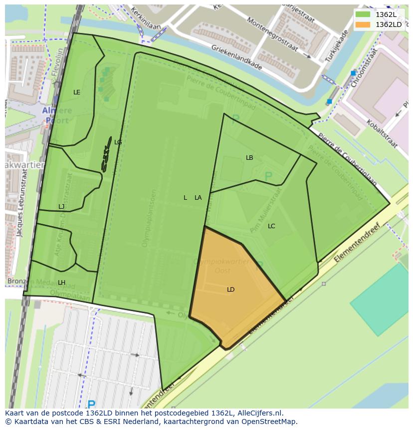 Afbeelding van het postcodegebied 1362 LD op de kaart.
