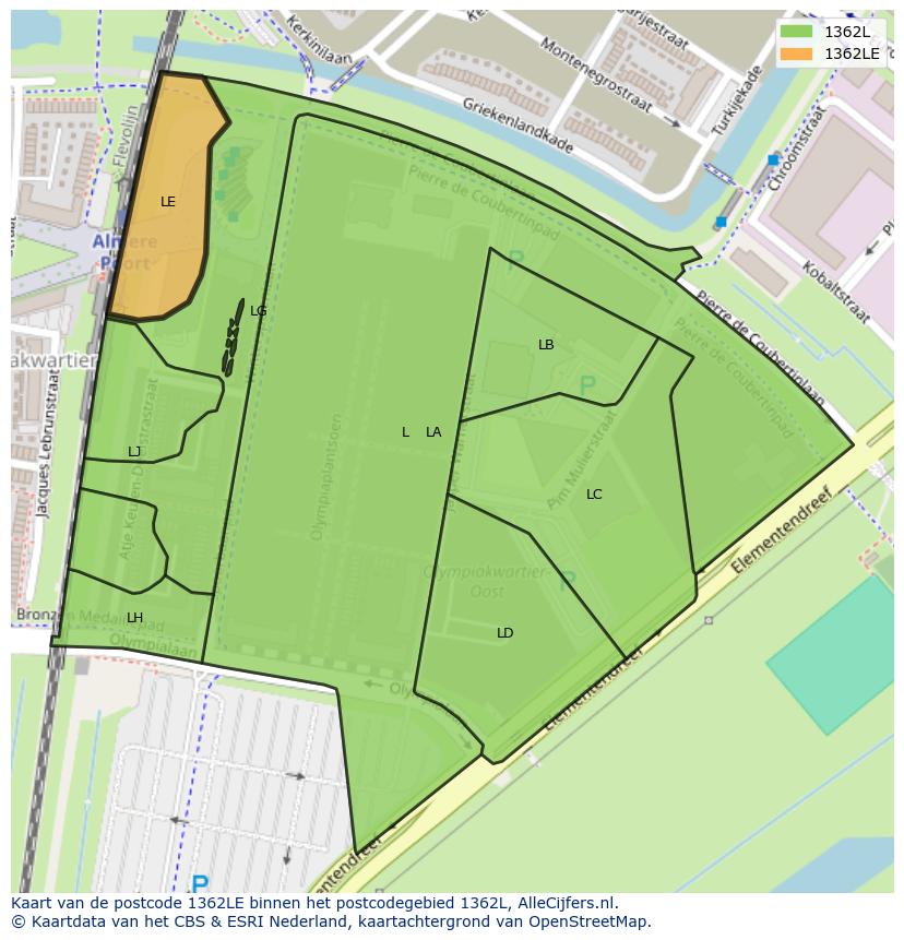 Afbeelding van het postcodegebied 1362 LE op de kaart.