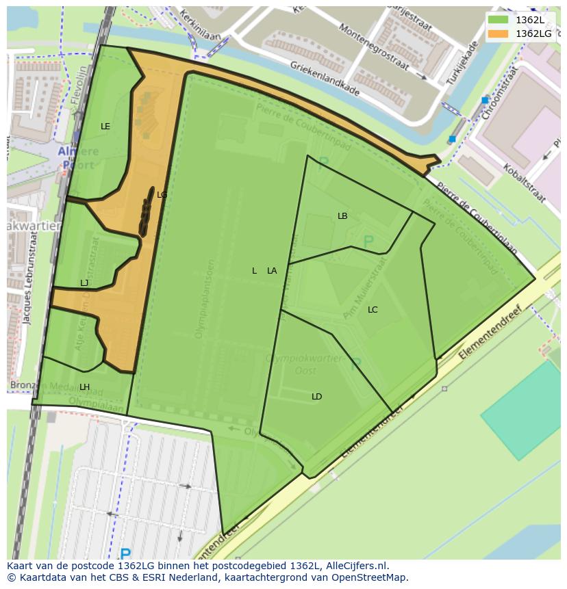 Afbeelding van het postcodegebied 1362 LG op de kaart.