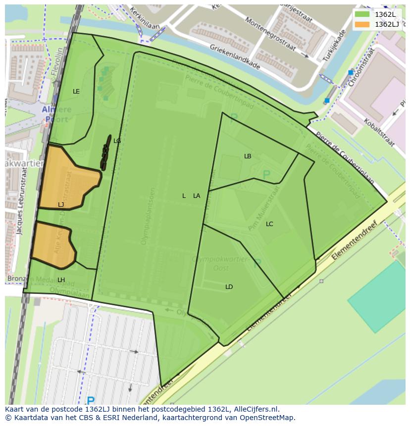 Afbeelding van het postcodegebied 1362 LJ op de kaart.