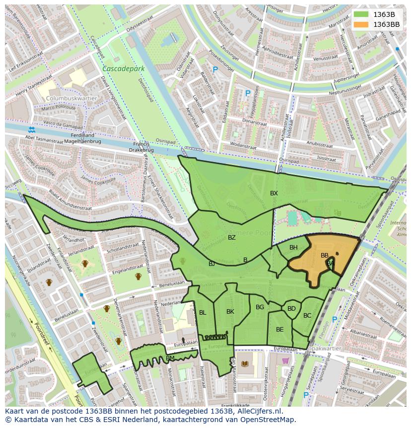 Afbeelding van het postcodegebied 1363 BB op de kaart.
