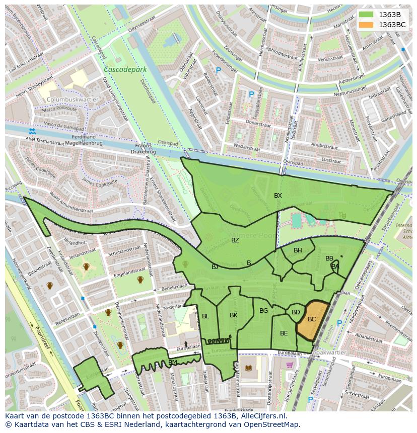 Afbeelding van het postcodegebied 1363 BC op de kaart.