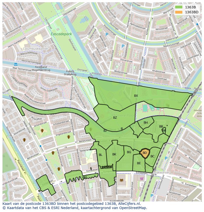Afbeelding van het postcodegebied 1363 BD op de kaart.