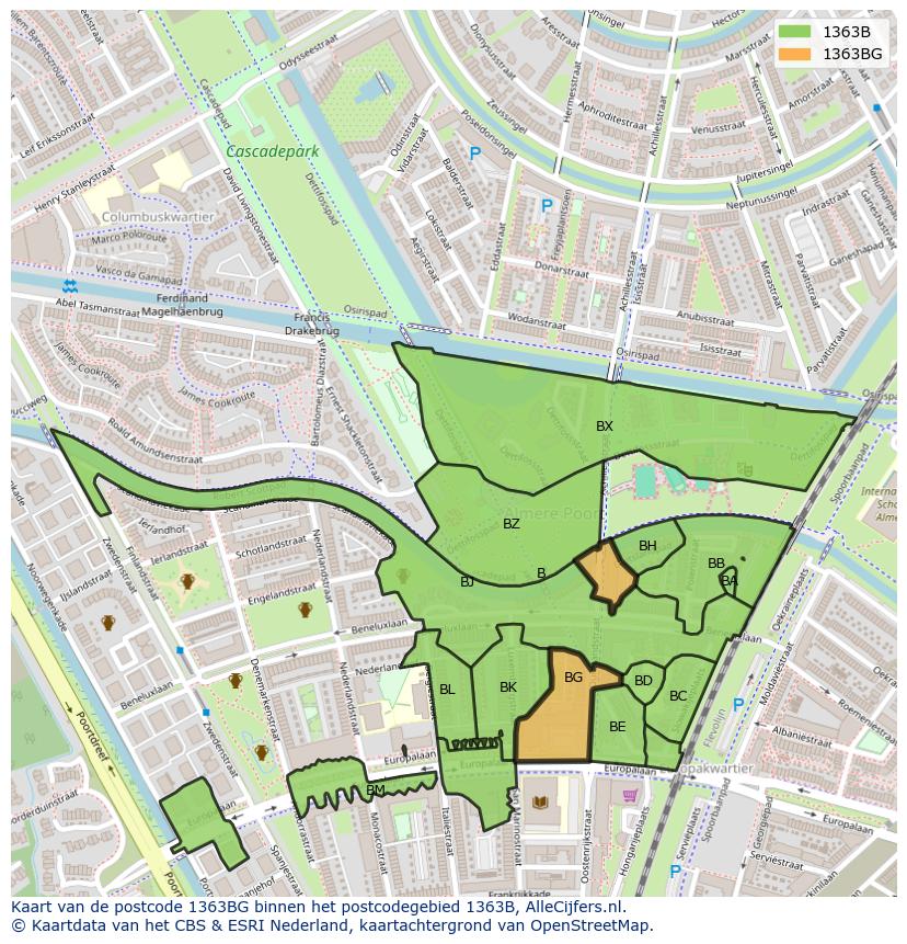 Afbeelding van het postcodegebied 1363 BG op de kaart.
